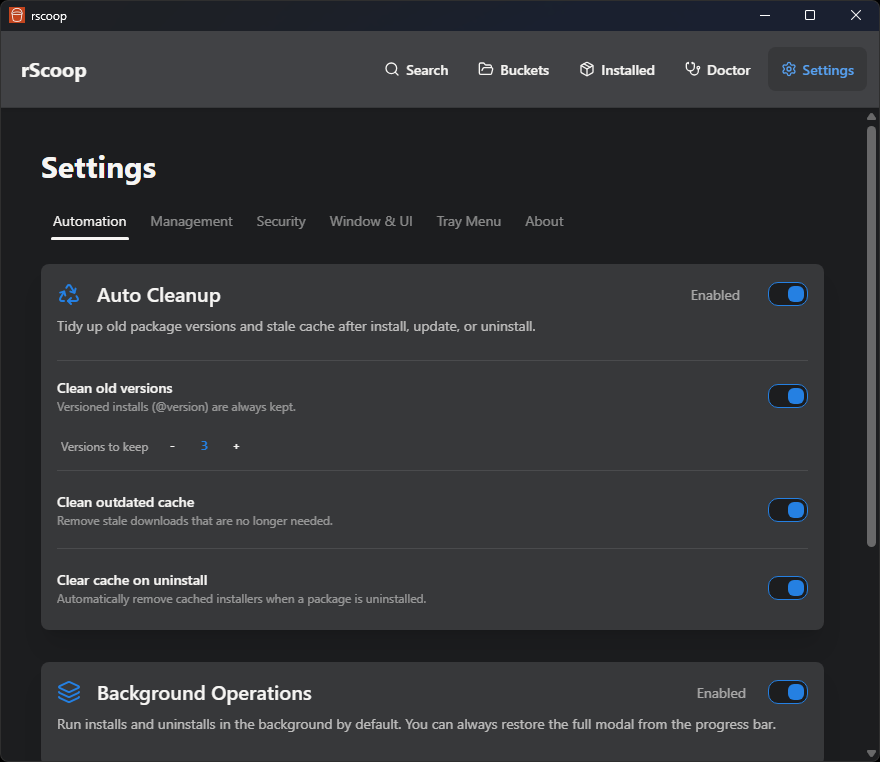 Settings page